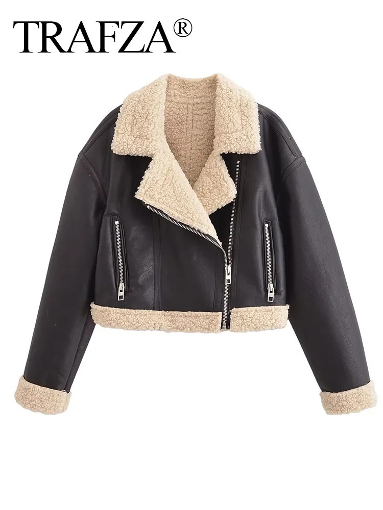 TRAFZA Vintage Womens PU Leather Jackets Zipper Fur Turn-Down Collar Loose Coats Female Warm High Street Winter Outwear 241220
