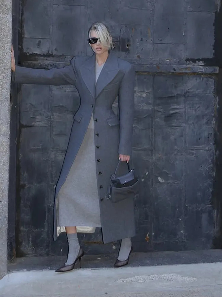 Chic Grey Single Breasted Full Sleeve Wool Jackets Womens Casual Slim Fit Lapel Pockets Coat Female High Street Outerwears 241216