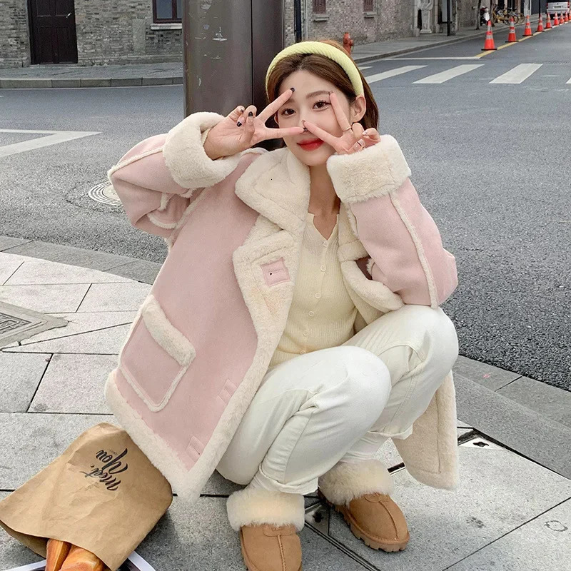 Autumn/Winter Style PetiteCropped Integrated Sunday Angora Yarns Pink Tweed Style Sheep Fur Jacket For Women 241220