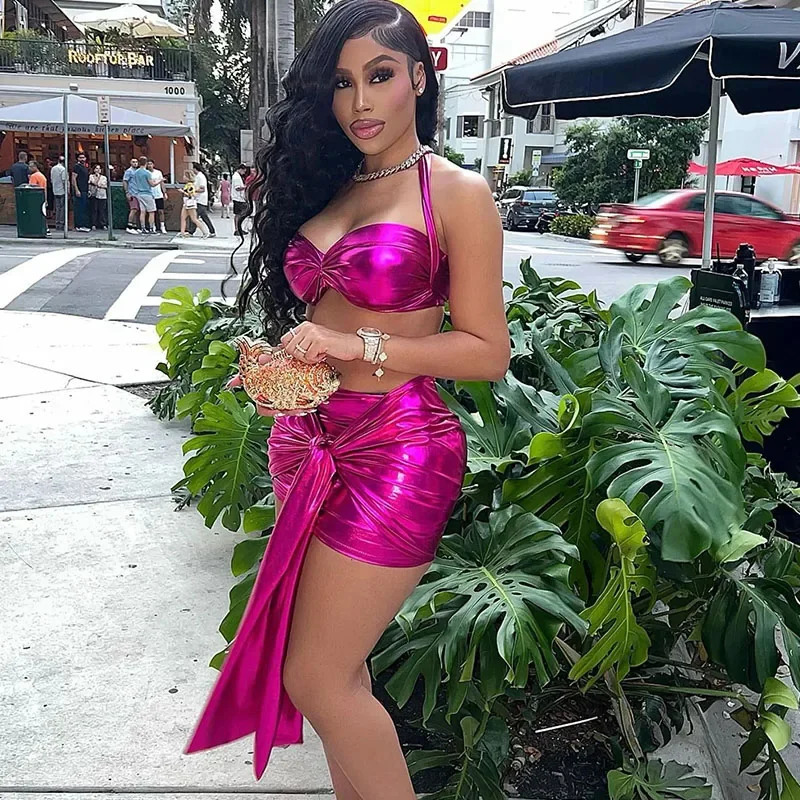 Mettalic 2 Piece Skirts Sets Women Bandage Crop Top and Draped Mini Skirt Matching Sets Party Nightclub Birthday Festival Outfit 241220
