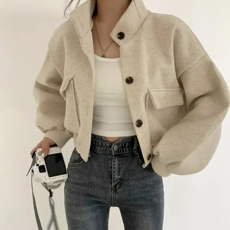 Female Autumn Winter Woolen Cloth Jacket Woman Fashion Button Short Coats Solid Women Streetwear 241220