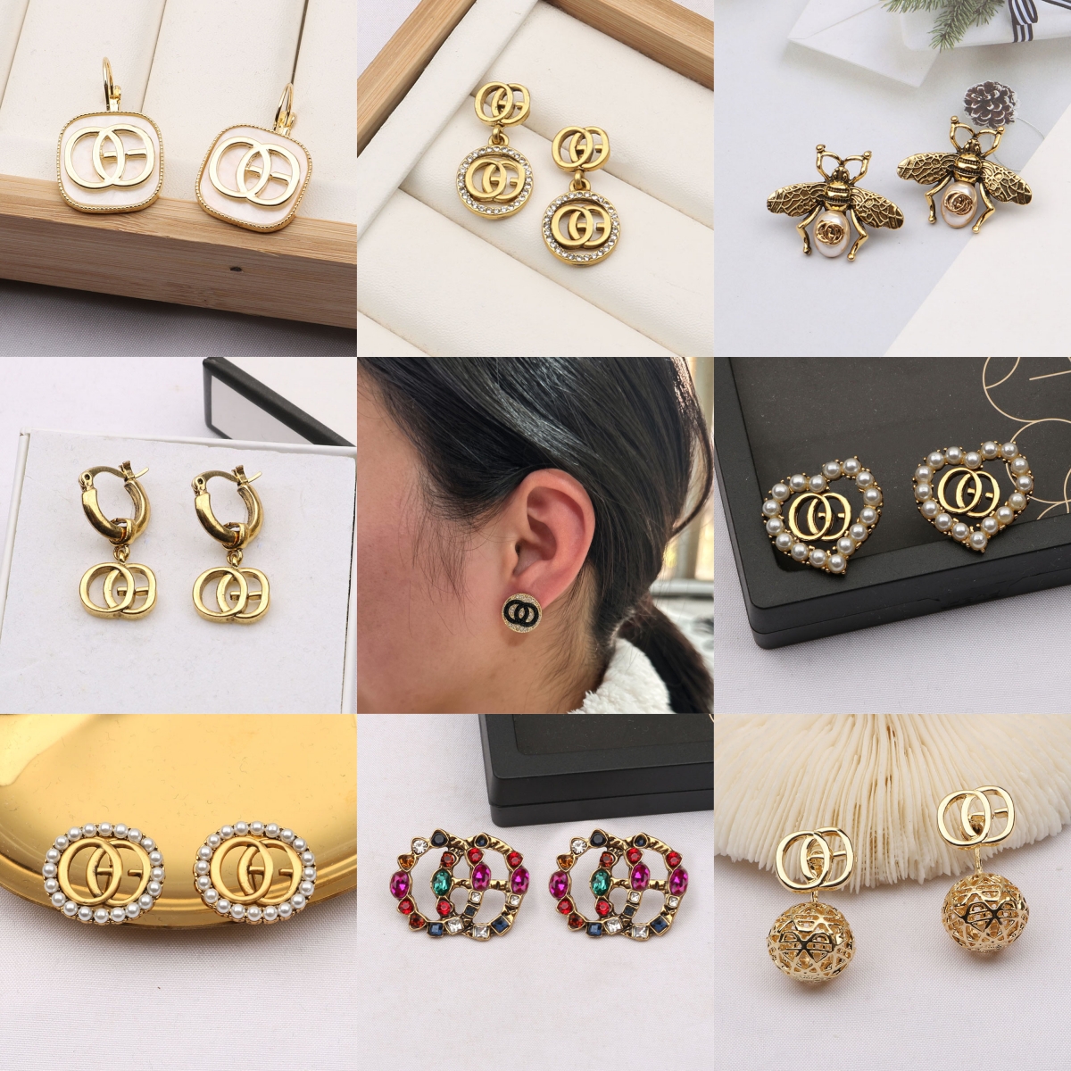 Elegant Earrings Classic Geometry Letter Stud Gold Silver Famous Women Round Crystal Rhinestone Pearl Earring Eardrop Wedding Party Jewerlry