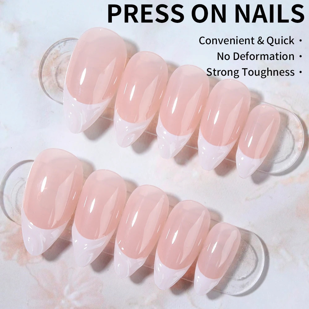 Luxury 24Pcs Short And Medium False Nails Almond Simple Water Ripples Bright Surface False Nails Acrylic Pressure Nail Reusable H260130