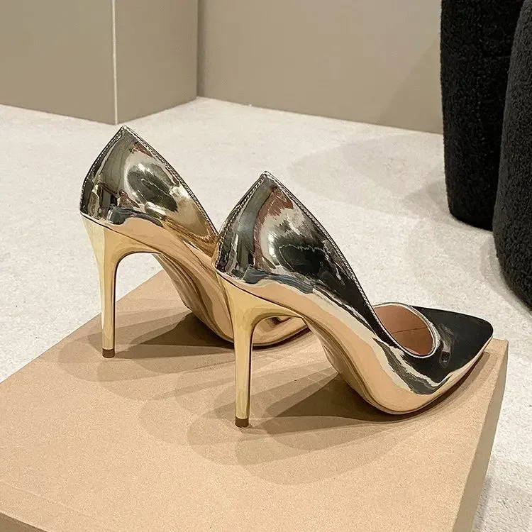 Soft Leather Sliver Gold High Heels 810cm Shoe Fashion Women Pumps Pointed Toe Slip-on Office Woman Wedding Shoes Large Size 43 241220
