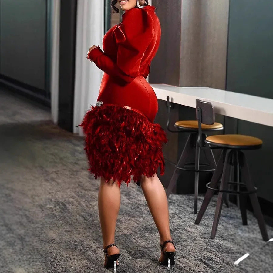 European and American fashion red lantern long-sleeved thin and tight niche feather jumpsuit mini dress for women 241216