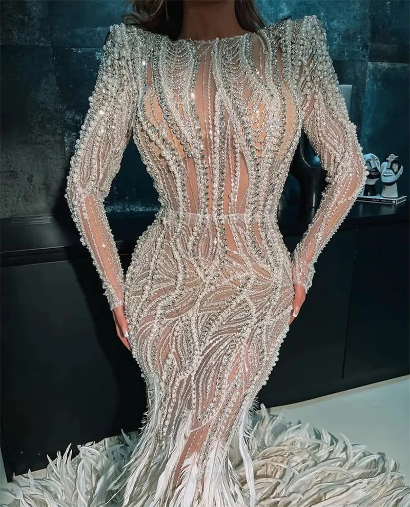 Gorgeous Evening Dresses For Women O Neck Long Sleeves Gown Feather Beaded Sequins Crystal Sweep Train Customized Dress Party