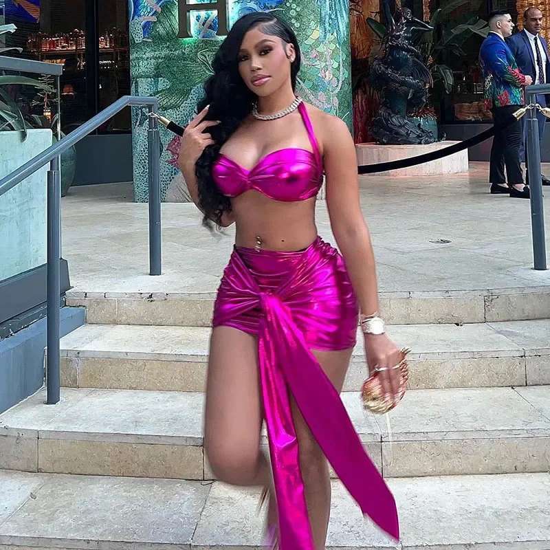 Mettalic 2 Piece Skirts Sets Women Bandage Crop Top and Draped Mini Skirt Matching Sets Party Nightclub Birthday Festival Outfit 241220