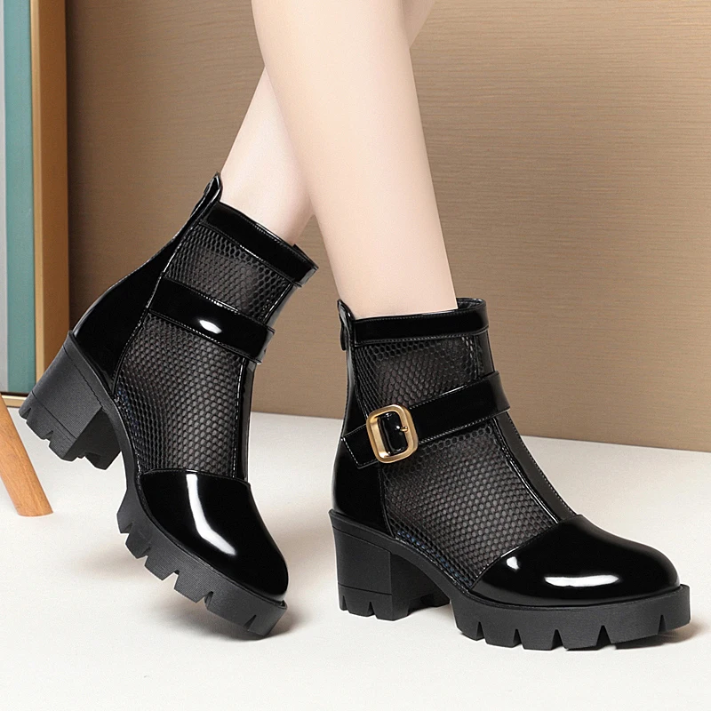 AIYUQI Women Summer Boots Mesh Genuine Leather Platform Women's Mesh Boots Large Size British Style Women Cool Boots