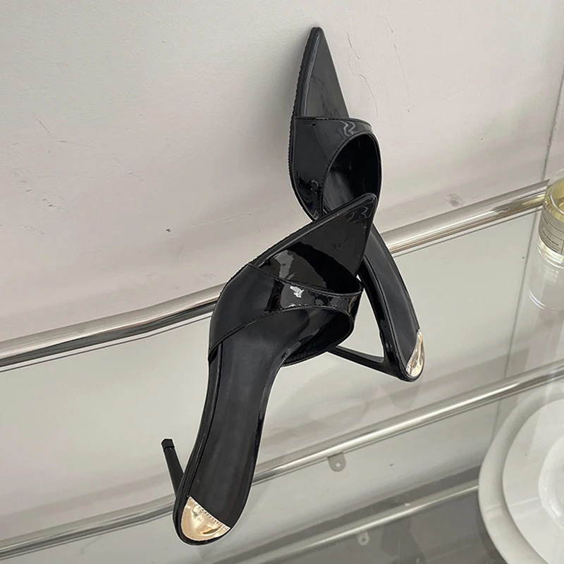 Liyke Summer Fashion Low Thin Heels Women Slippers Gladiator Sandals Cozy Patent Leather Pointed Toe Slip-On Slides Shoes Mules 241220