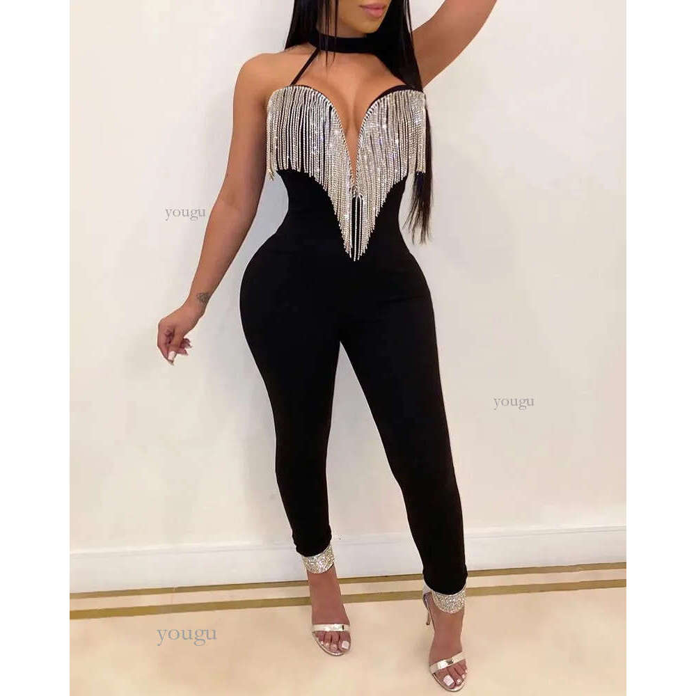 Sexy Choker Sleeveless Tassel Design Jumsuits Sparkling Sleeveless Jumpsuits