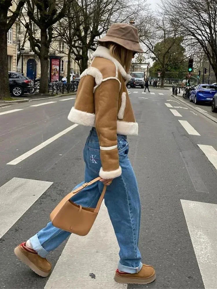 Women Autumn Winter Plush Spliced Leather Jacket Elegant Lapel Long Sleeves Cropped Coats Fashion Lady Commuting Street Outwear 241220