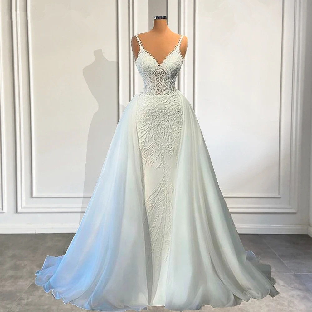 Luxury V Neck Mermaid Lace Wedding Dresses Sleeveless Pearls Beaded Satin Bridal Gowns with Detachable Train Customized Vestido De Novia