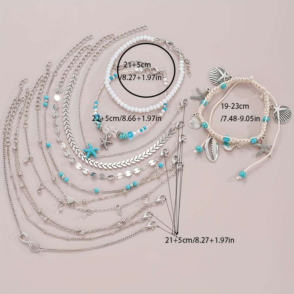 LALAVARA 12pcs Bohemian Starfish Shell Star Love 8-character Rice Bead Ankle Chain Set for Women's Daily Matching, Dating, Vacation, Party, Anniv