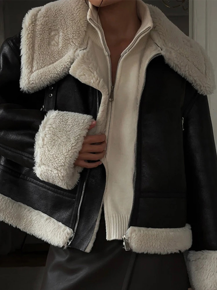 Casual Thicken Pu Jackets Women Loose Lapel Zipper Long Sleeves Warm Fur Coats Female Winter High Street Leather Outwears Lady 241220