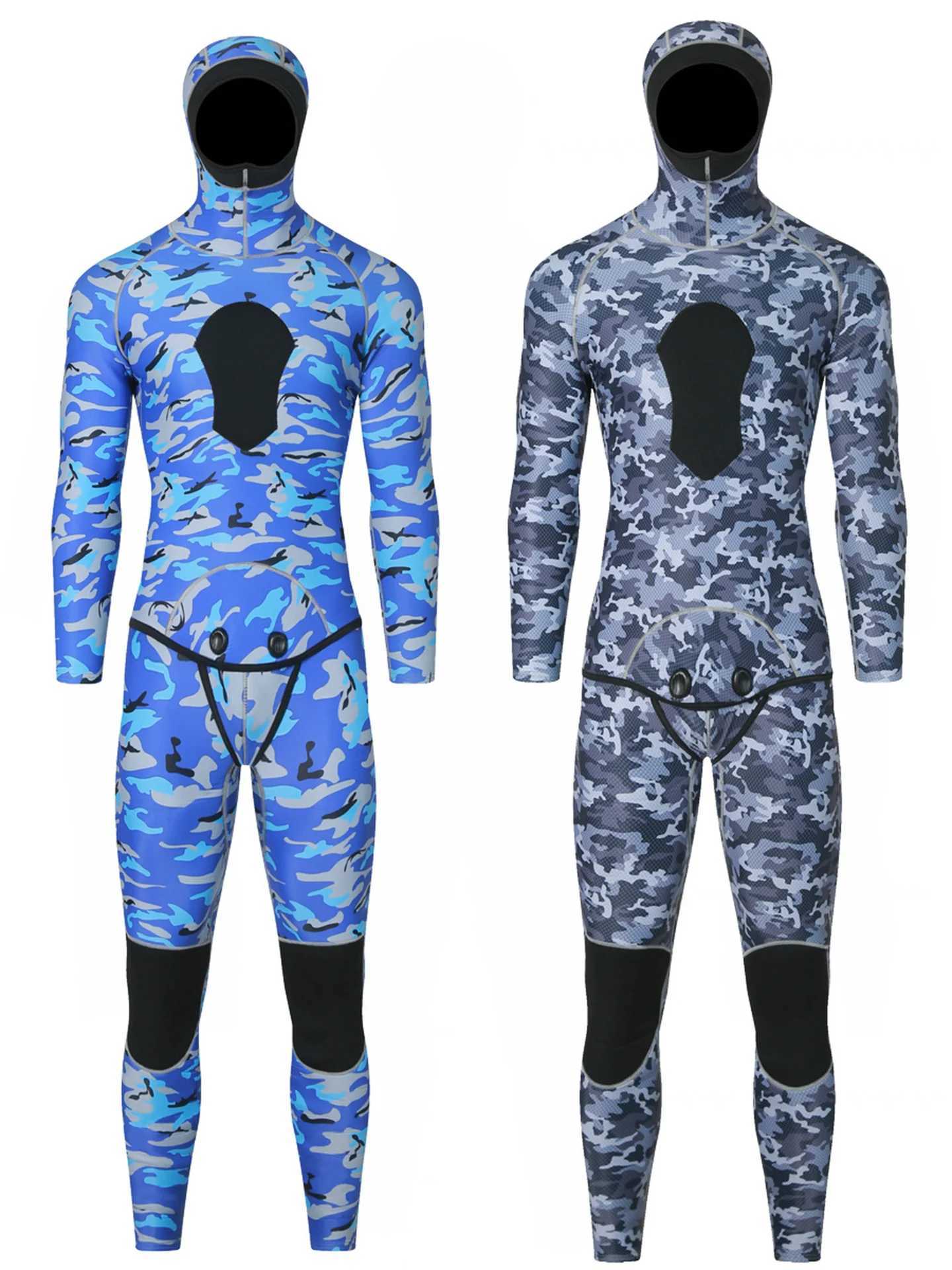 3mm Neoprene Camouflage Wetsuit Scuba Spearfishing Men Hooded Diving Suit 2 Pieces Set Winter Deepwater Thermal SwimsuitXJ241220