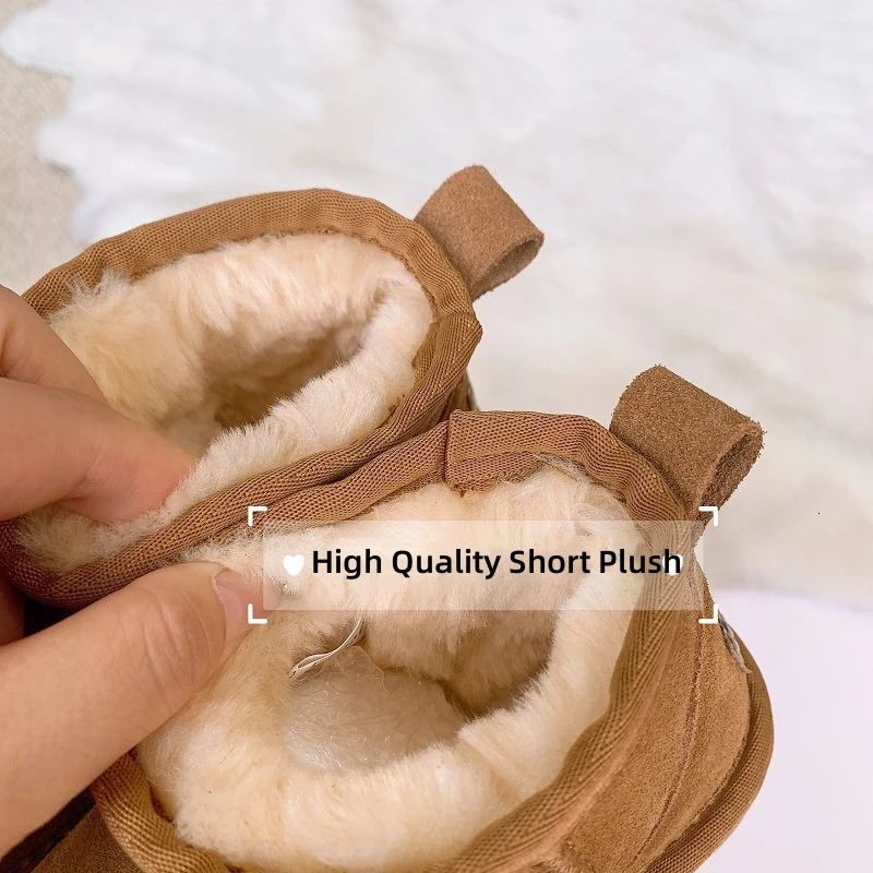 Suede Leather Kids Snow Boots Parent-child Woman Ankle Boots Winter Warm Lamb WoolGirls Shoes Genuine Leather Childrens Shoes 241219