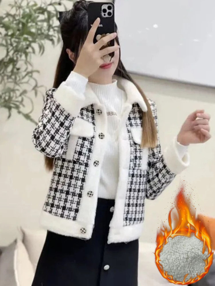 Winter Fleece Lined Woolen Jackets Coats Elegant Plaid Short Chaquetas Slim Warm Jaqueta Tops Korea Women Vintage Cropped Casaco 241220