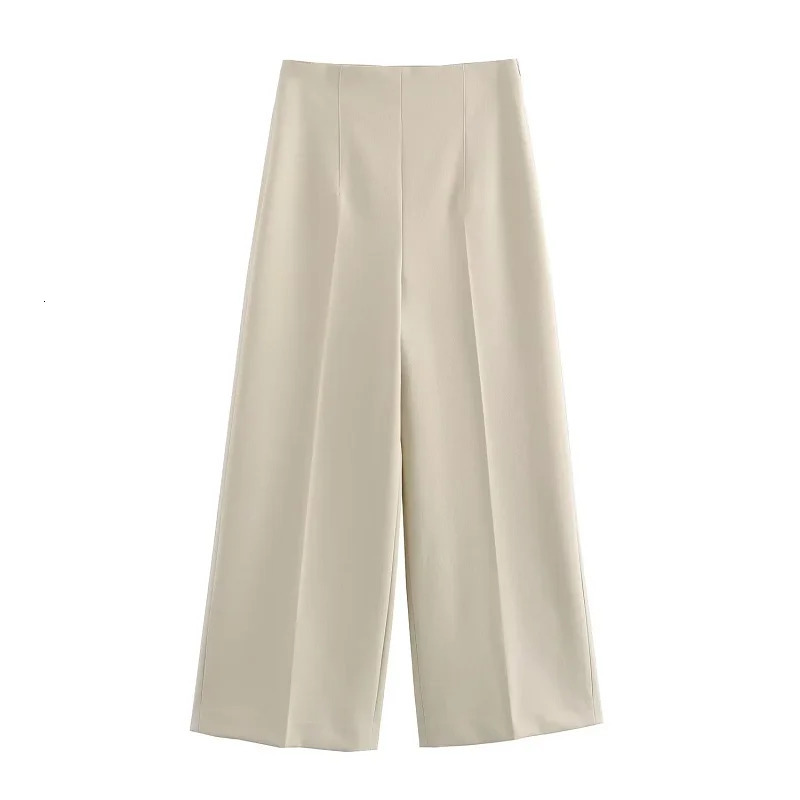 TRAF Beige Women Pants Wide Leg Zipper Lady In Spring Summer Mid Waist Fashion Elegant Office Clothing 241218