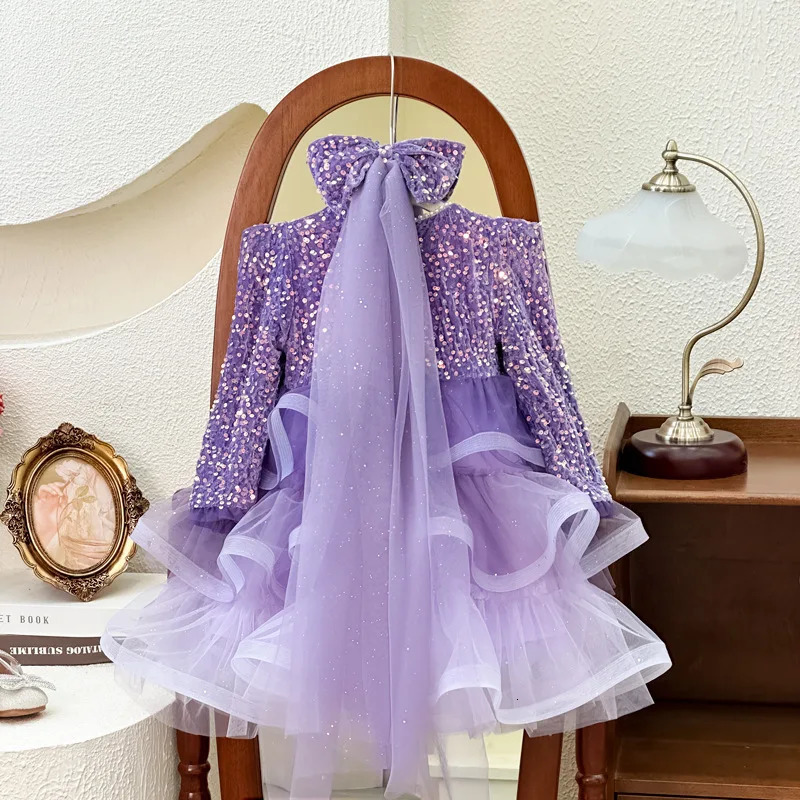 Autumn Winter Kid Girl Dress Purple Performance Childrens Girls Princess Dress With Bow Veil Shiny Sequins Baby Girl Dress 241219