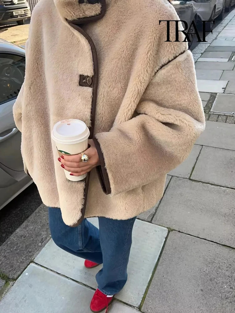 TRAF Womens Fashion Autumn and Winter Warm Teddy Bear Coat Patchwork O-neck Lamb Wool Coat Vintage Cowl Button Fleece Top 241220