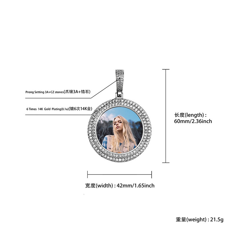 Fine Quality Custom Photo Round Pendant Necklace 18k Gold Iced Out Cubic Zirconia DIY Picture Frame Diamond Necklaces For Lovers Family Friends Memori
