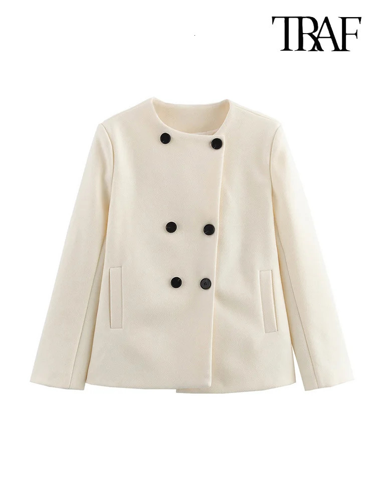 TRAF autumn and winter womens irregular double-breasted tweed jacket Elegant long-sleeved round neck jacket tops 241220