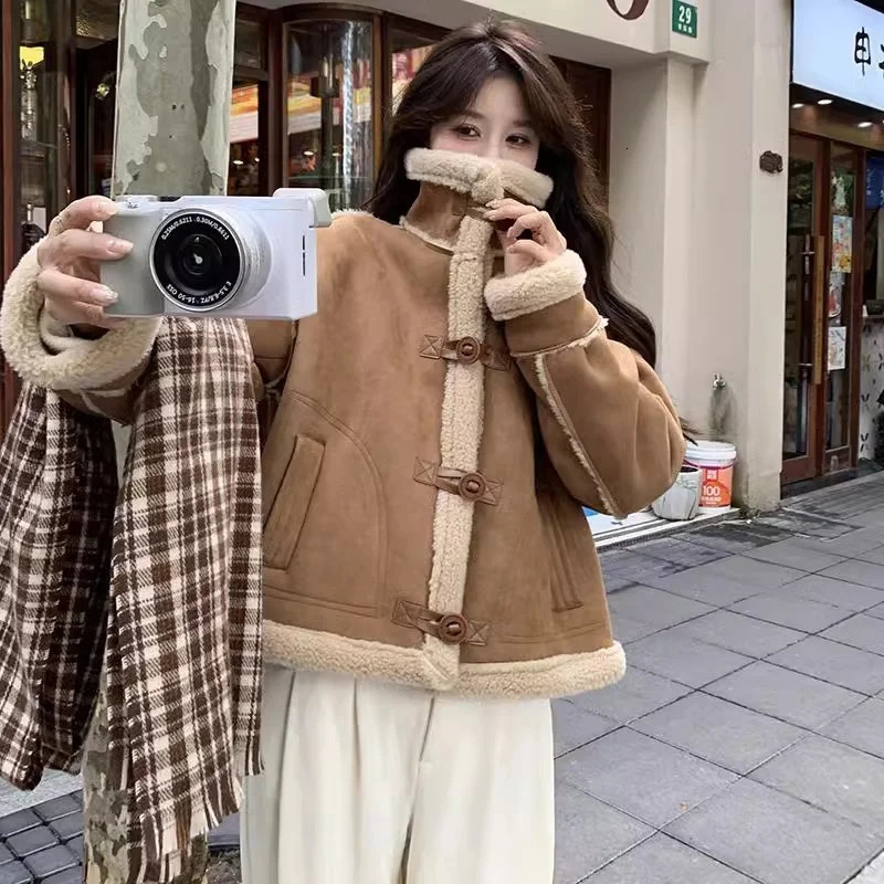 Academy Style Fashion Autumnd Lamb Fur Jacket for Womens Winter 2024 Spring Loose Thickened Deer Skin Velvet Fur Coats Pink Top 241216