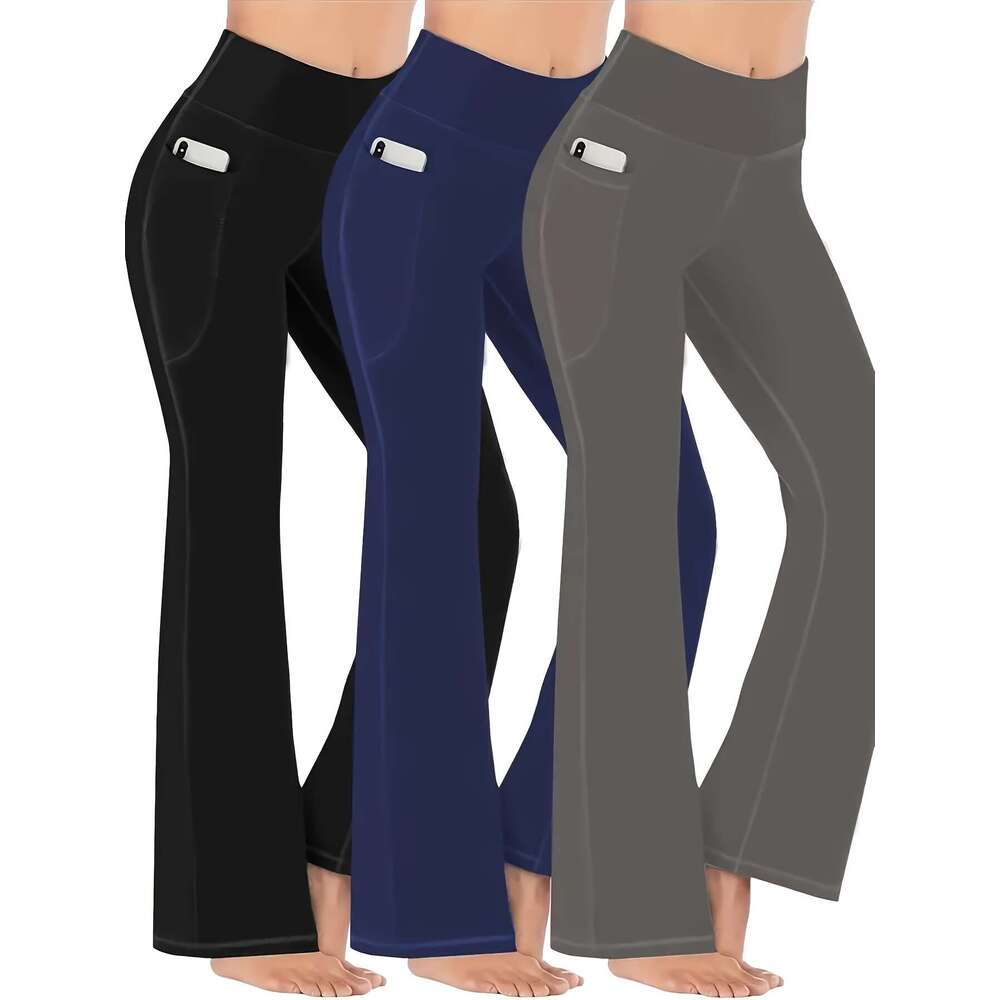 Women's 3-Pack Waist Polyester Blend Flare Yoga Pants - Elegant Solid Color, Knit Fabric with High Stretch, Long Pocket Detail, All-Season Perfor