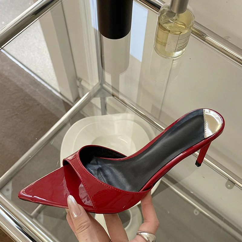 Liyke Summer Fashion Low Thin Heels Women Slippers Gladiator Sandals Cozy Patent Leather Pointed Toe Slip-On Slides Shoes Mules 241220