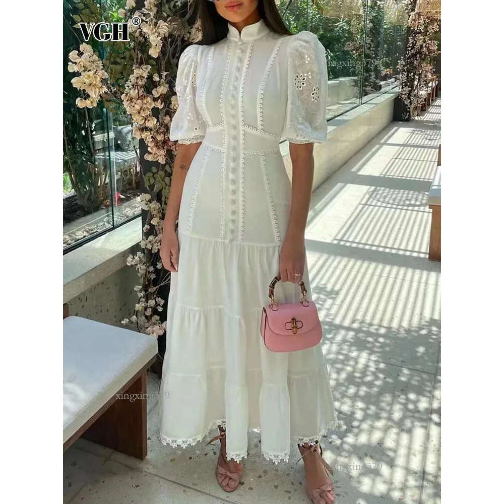 Casual Dresses VGH women's casual solid dress standing neck short sleeved puff sleeves high waist stitching work lace long dress women's fas