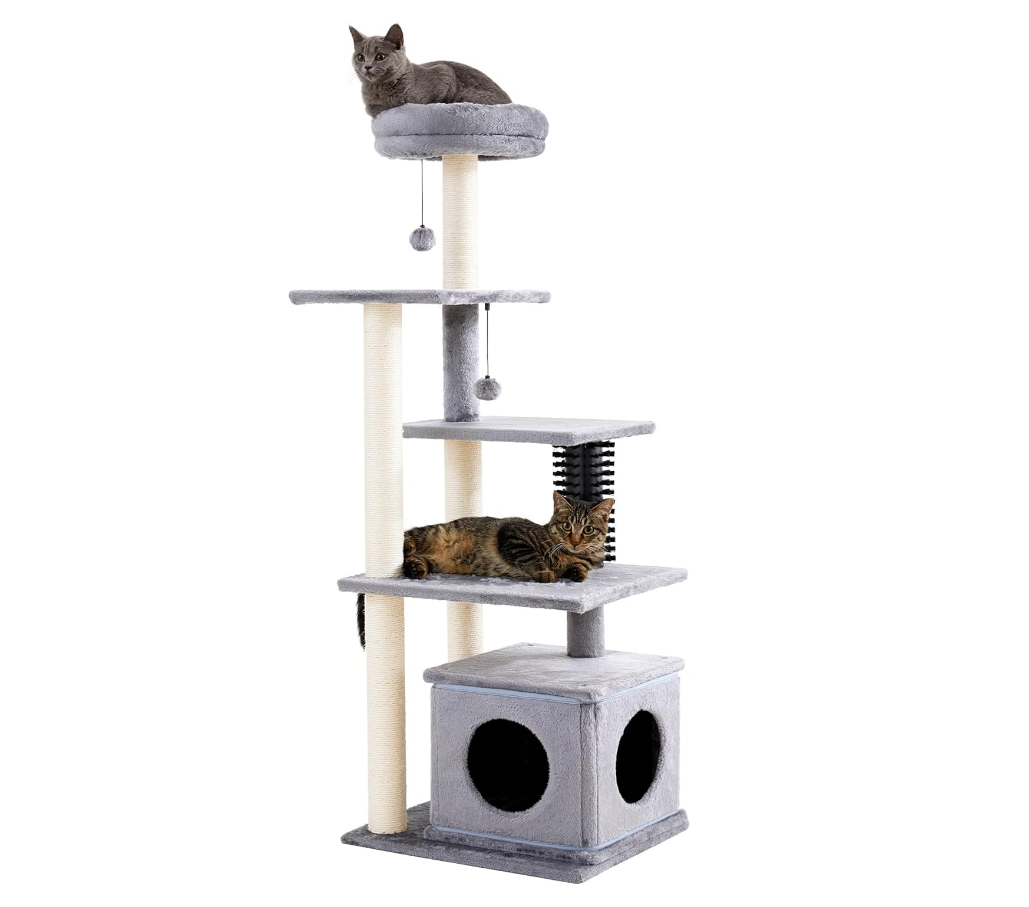 Made4Pets Cat Tree, 52.4" Tall Indoor , Multi-Level Large Cat Condo with Scratching Posts and Pompoms, Plush Kitten Climbing Tower with Cat Groom