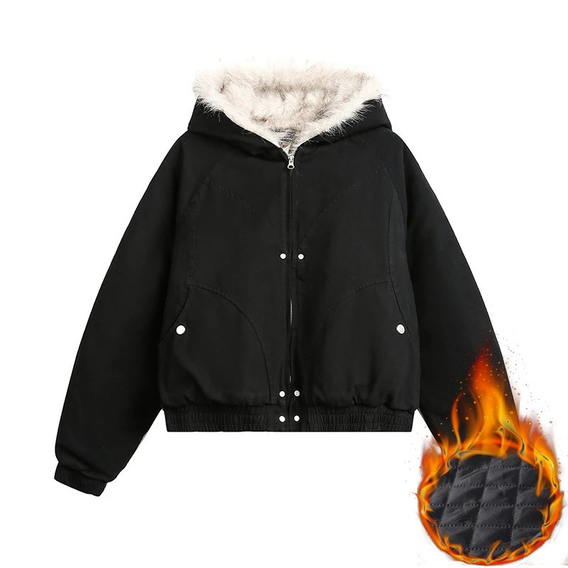 Vintage Fashion Fuax Fur Hooded Cooton Coats Winter Thiken Warm Loose Casual Chaqueta Tops Korea Snow Wear Women Jaqueta Casaco 241219bj