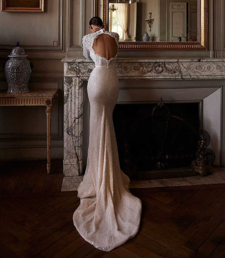 Sparkly Mermaid Wedding Dress Appliques Bridal Gowns Flowers High Neck Bride Dresses Lace Backless Long Sleeves Custom Made Plus Size Vestido de novia