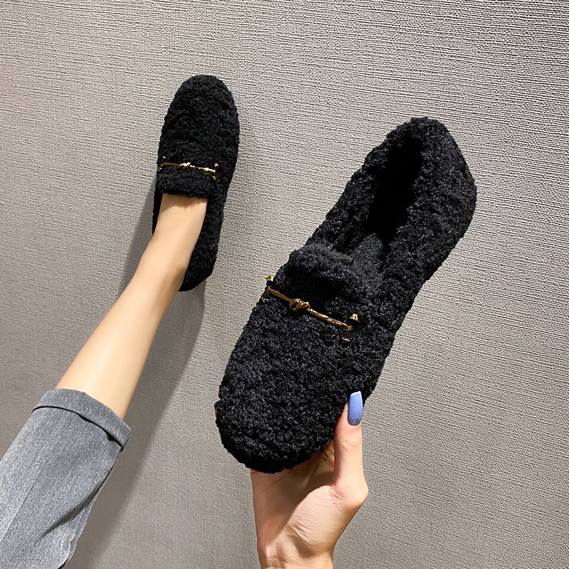 2025 new Metal fur Woman bd841 decoration flats winter cotton shoes women fleeces loafers plus size 34-43 cozy warm furry lambswool moccasins ry