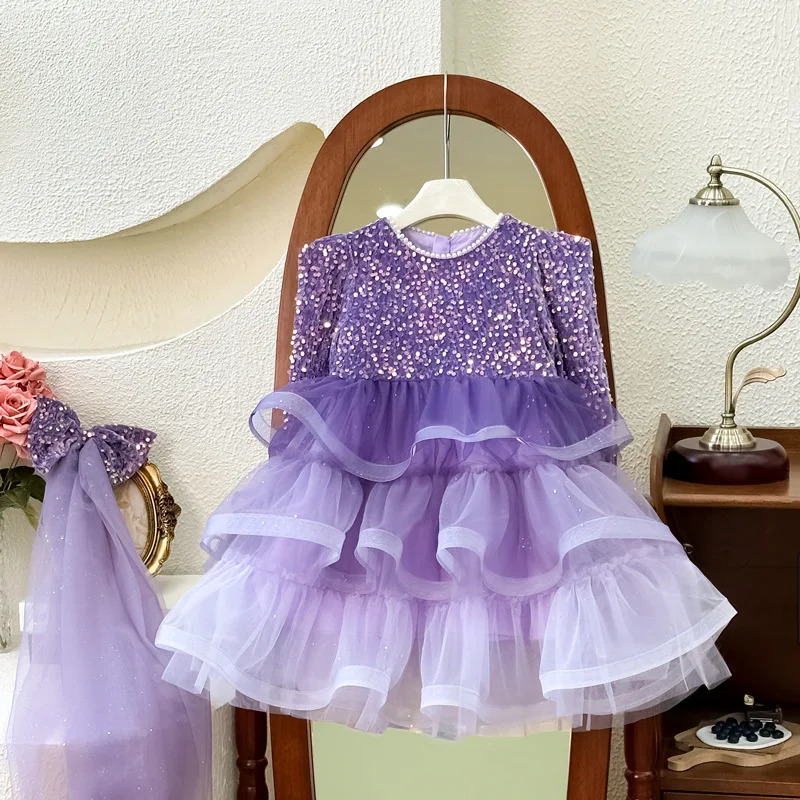 Autumn Winter Kid Girl Dress Purple Performance Childrens Girls Princess Dress With Bow Veil Shiny Sequins Baby Girl Dress 241219