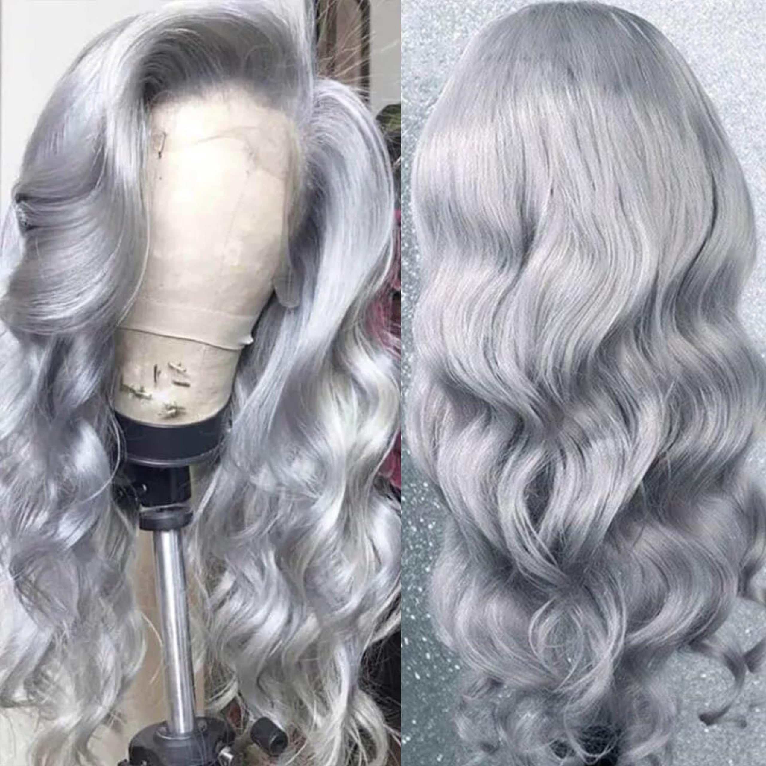 13x4Lace Front Realistic Wigs 36 Inches Grey Long Natural Body Wave Big Curly Synthetic Wig 180 Density Heat Resistant resemble Human Hair For Black W