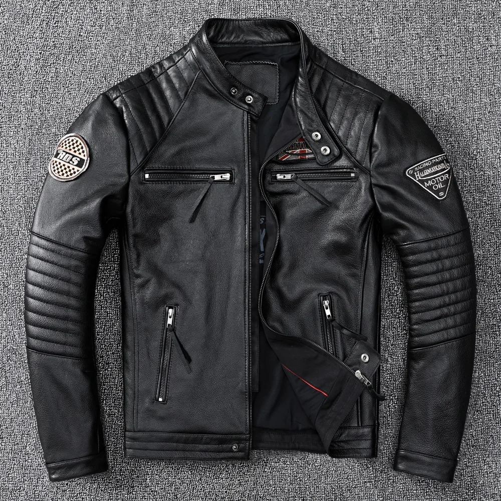 Free delivery motorcycle trendy retro mens highquality leather jacket slim fit 100 natural cowhide genuine 241211
