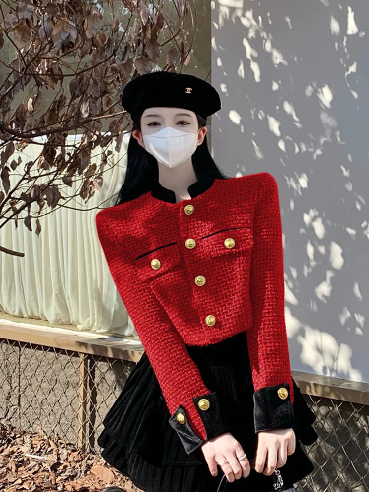 Zoki Christmas Red Sweet Tweed Jackets Women Elegant Long Sleeve Slim Short Coat Korean Casual Vintage All Match Outwear Tops 241220