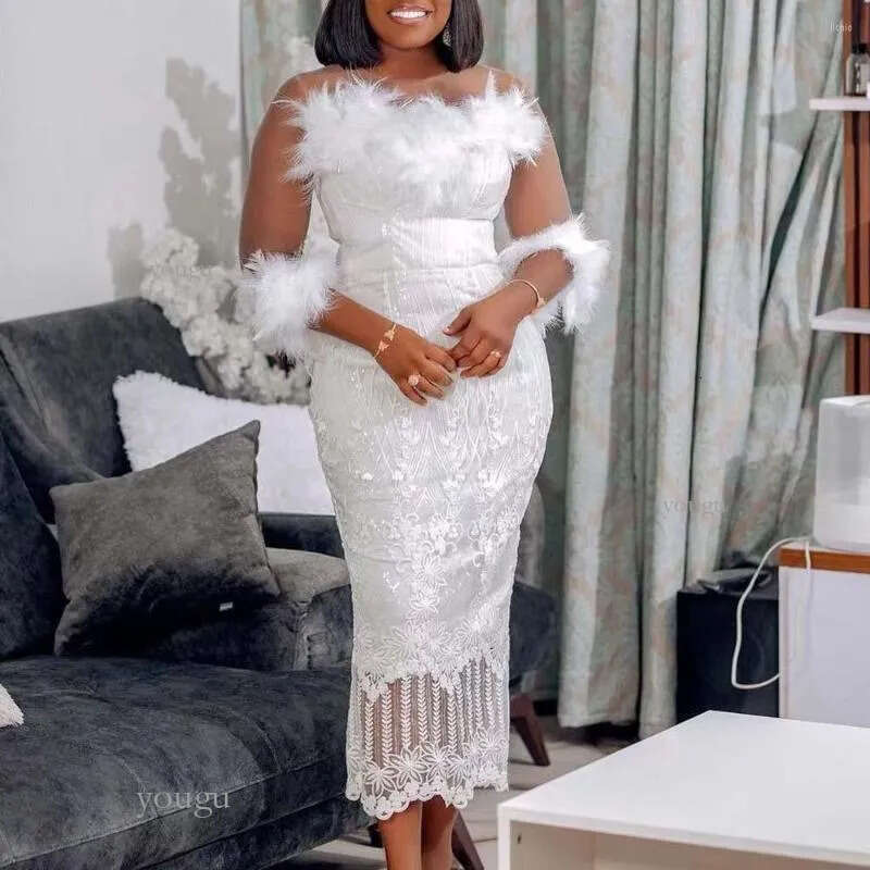 Casual Dresses African Ladies Luxury White For Women Round Neck Full Sleeve Sequined Feather Bodycon Mid Calf Elegant Birthday Dress