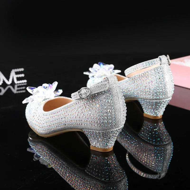 Princess Girls Party Shoes Children Sandals Sequins High Heels Shoes Diamonds Girls Sandals Peep Toe Crystal Kids Dress Shoes 241219