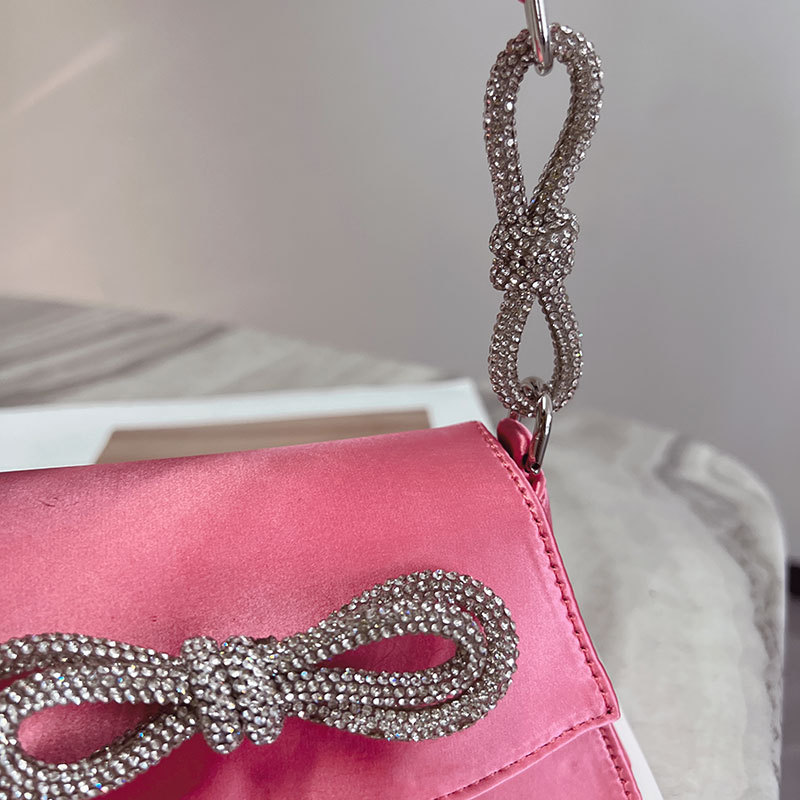 Bling Luxury Totes Designer Diamond Shiny Bags Shoulder Bow Sweet Pink Satin Prom Party Purse Brand Small Kawaii Wedding Handbag