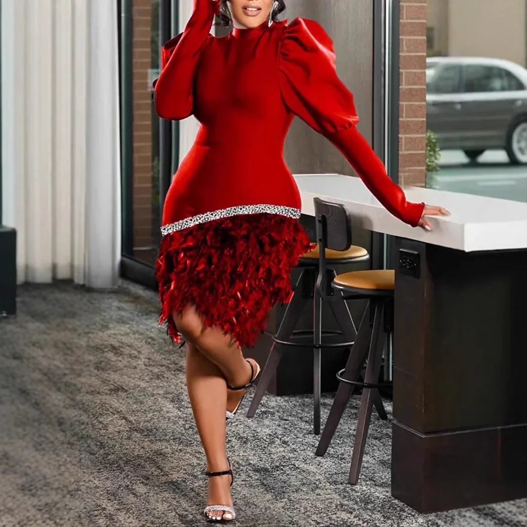 European and American fashion red lantern long-sleeved thin and tight niche feather jumpsuit mini dress for women 241216