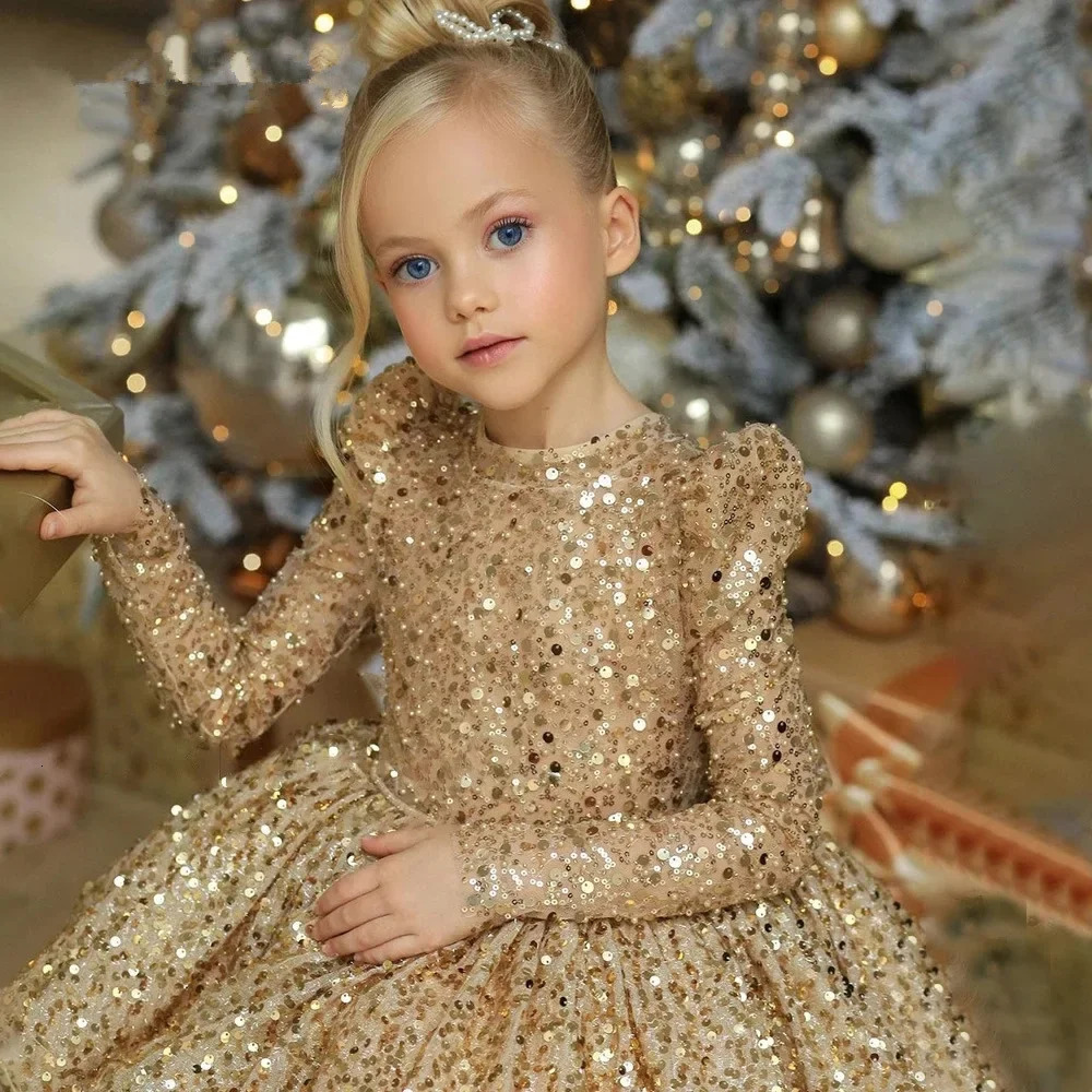 Children Clothing Baby Girl Puffy Gauze Dresses Birthday Elegant Princess Prom Dress for Kids Gold Sequin Long Sleeve Ball Gown 241219