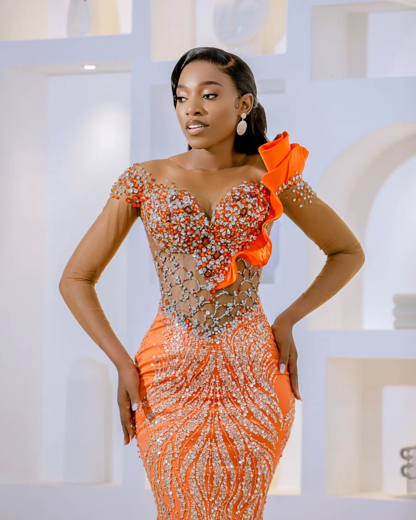 Mermaid Orange Prom Dresses Rhies Beaded Sequined Evening Formal Party Second Birthday Engagement Gowns Plus Size Dress For Special Ocns D