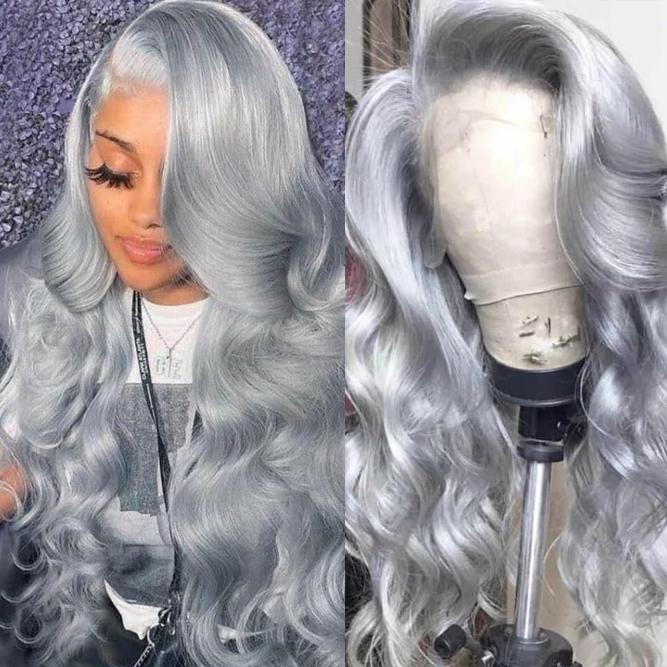 13x4Lace Front Realistic Wigs 36 Inches Grey Long Natural Body Wave Big Curly Synthetic Wig 180 Density Heat Resistant resemble Human Hair For Black W