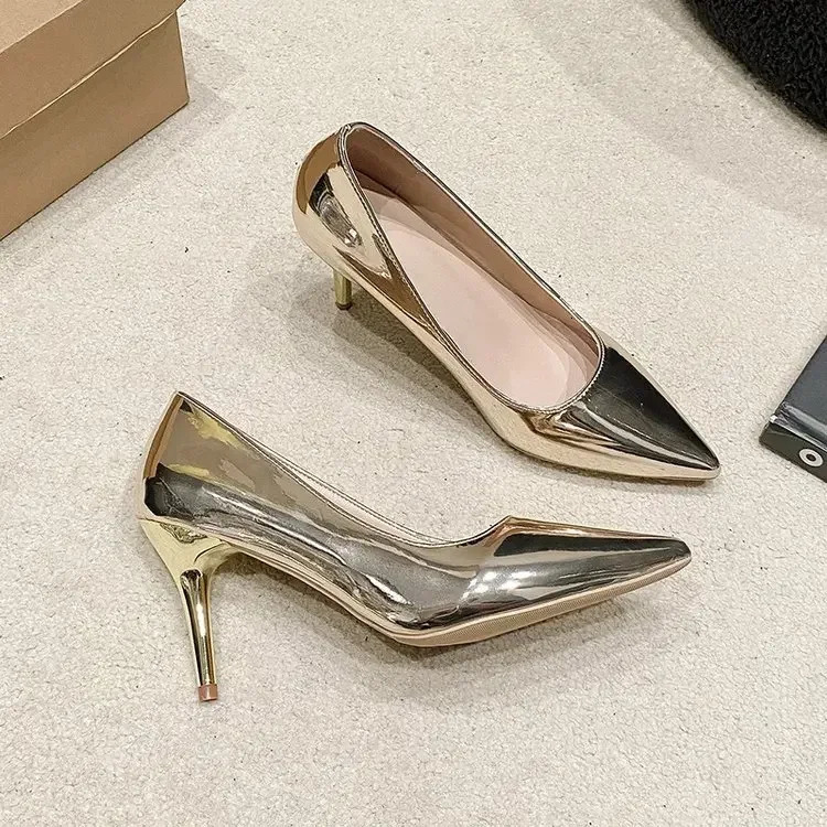 Soft Leather Sliver Gold High Heels 810cm Shoe Fashion Women Pumps Pointed Toe Slip-on Office Woman Wedding Shoes Large Size 43 241220