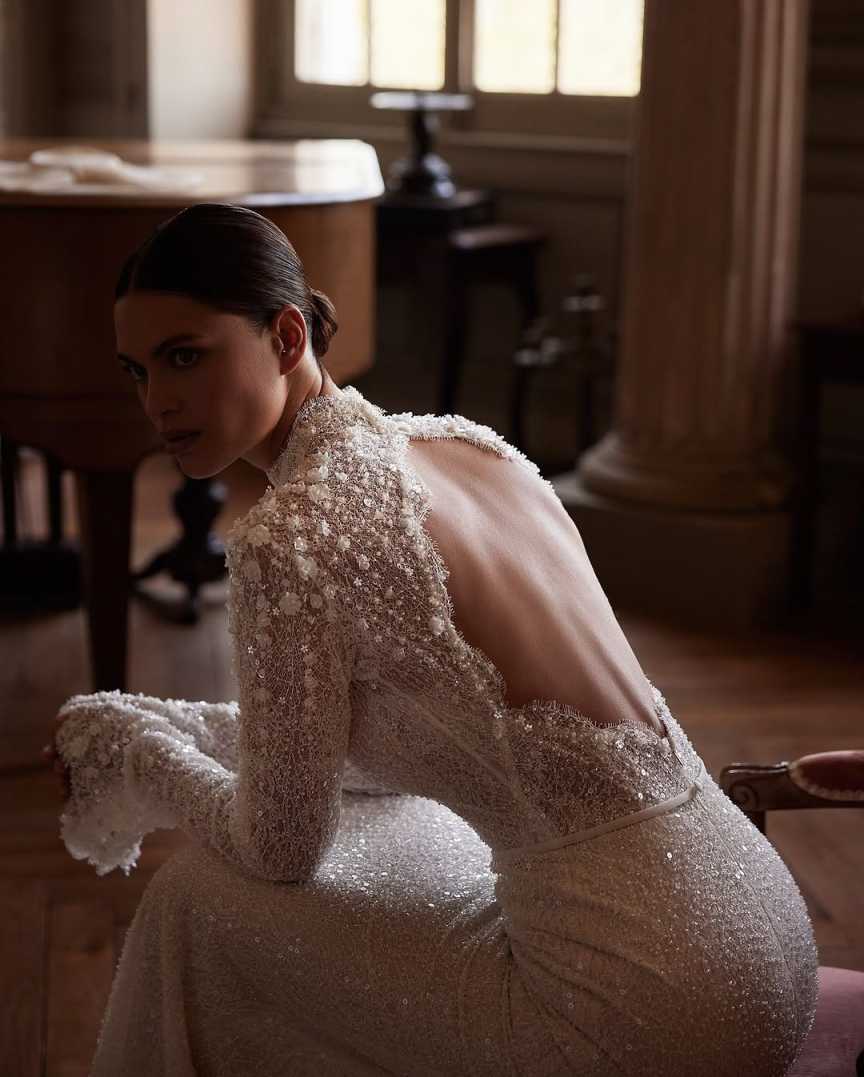 Sparkly Mermaid Wedding Dress Appliques Bridal Gowns Flowers High Neck Bride Dresses Lace Backless Long Sleeves Custom Made Plus Size Vestido de novia