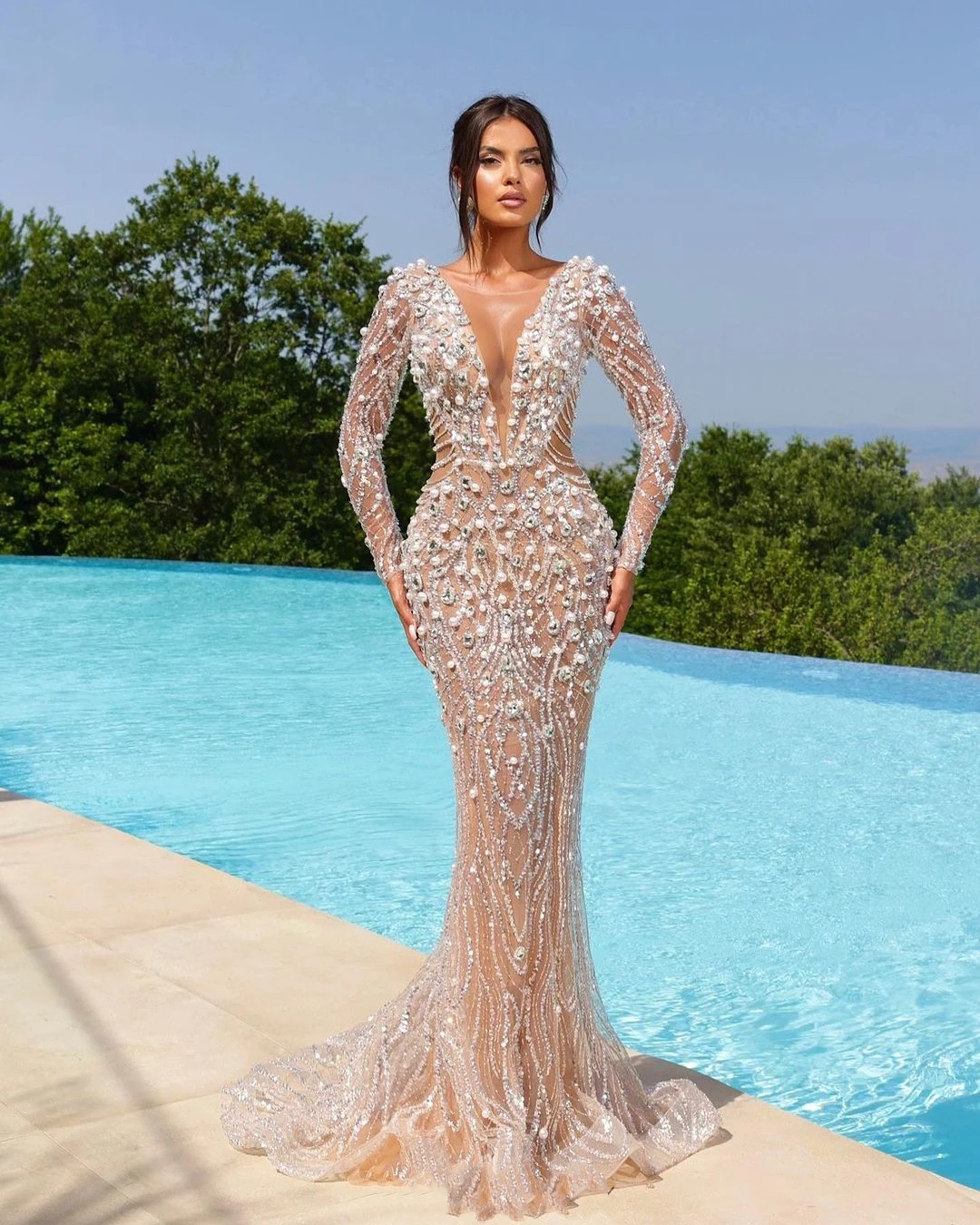 Evening Dresses For Women Sheer Neck Long Sleeves Gown Pearl Beaded Sequins Sweep Train Customized Dress Party