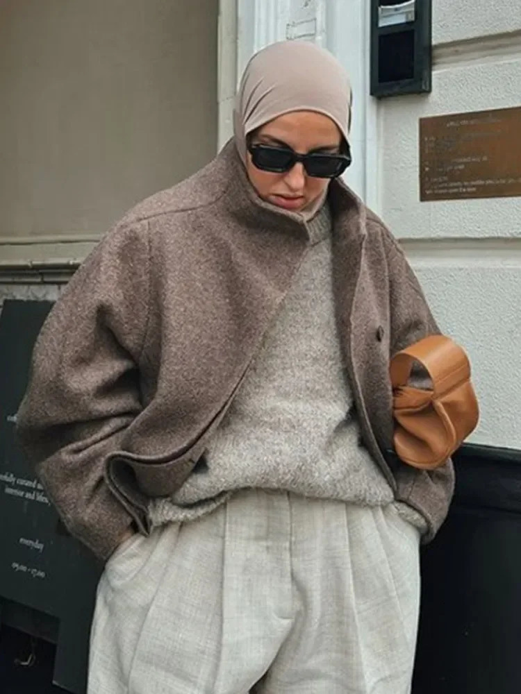 Brown Stand Collar Long Sleeve Woolen Short Coat Women Fashion Single Breasted Loose Jacket Autumn Warm Female Chic Outwear 241220