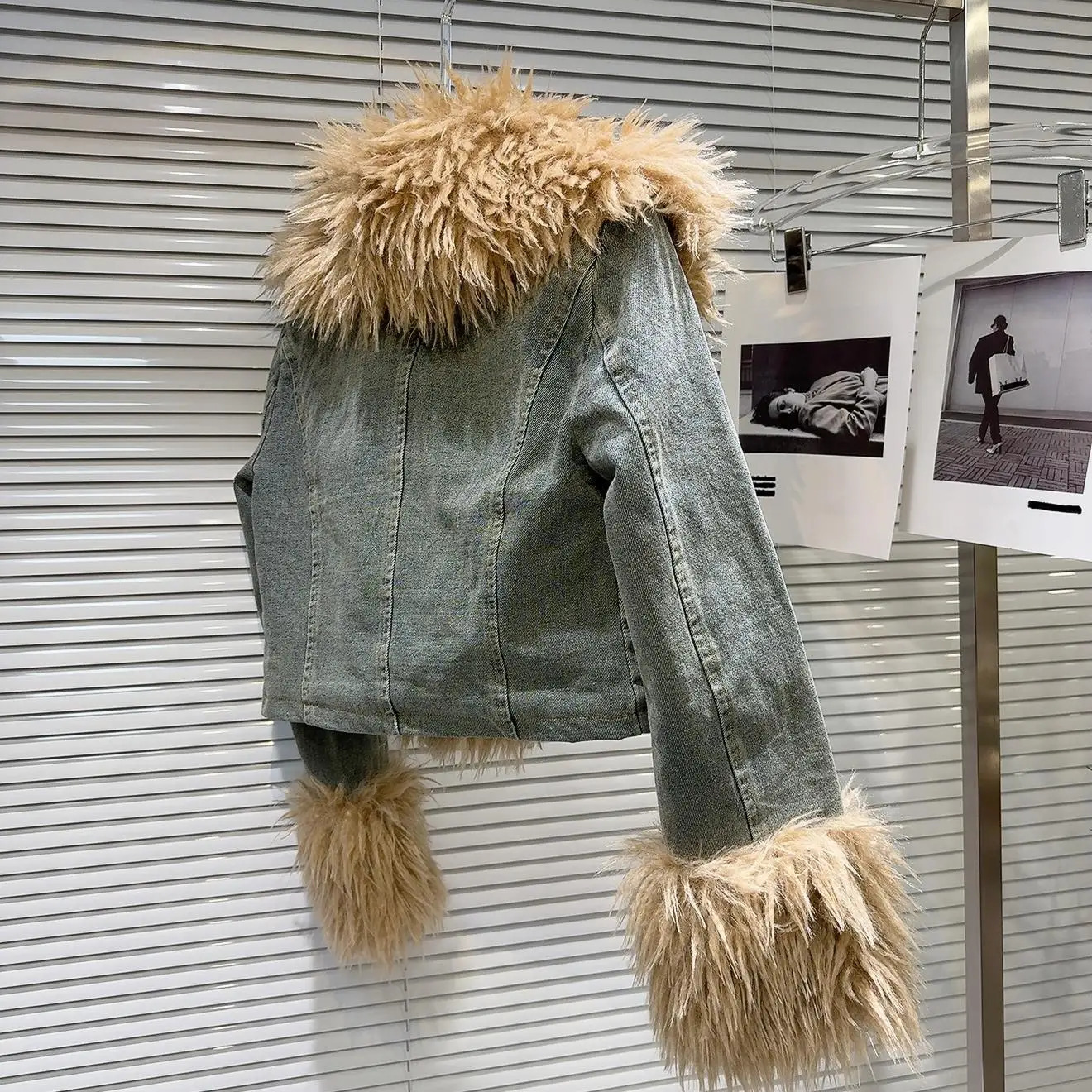 PREPOMP Winter Arrival Faux Fur Collar Sleeve Cuff Cotton Liner Denim Jacket Women Short Blue Coat GS809 241216